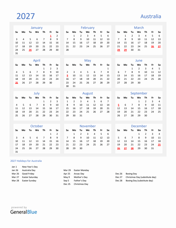 Basic Yearly Calendar with Holidays in Australia for 2027