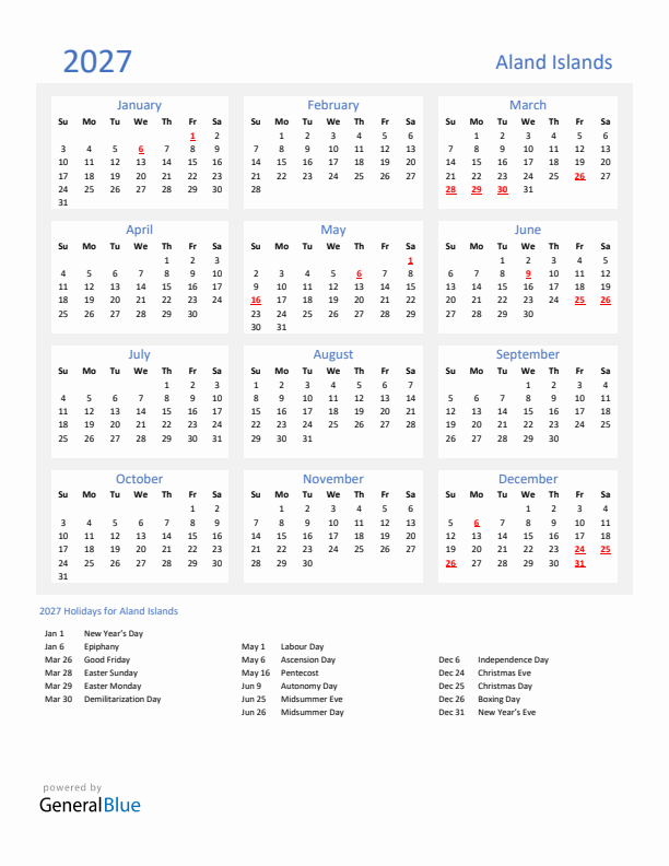 Basic Yearly Calendar with Holidays in Aland Islands for 2027