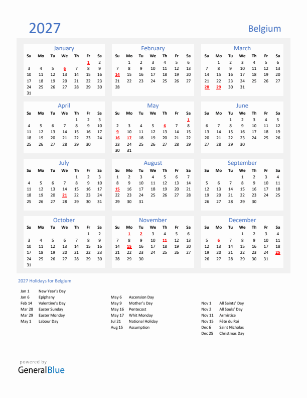 Basic Yearly Calendar with Holidays in Belgium for 2027