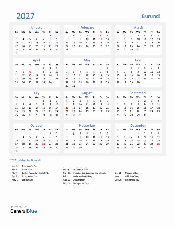 Basic Yearly Calendar with Holidays in Burundi for 2027