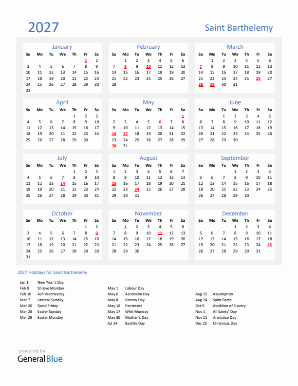 Basic Yearly Calendar with Holidays in Saint Barthelemy for 2027