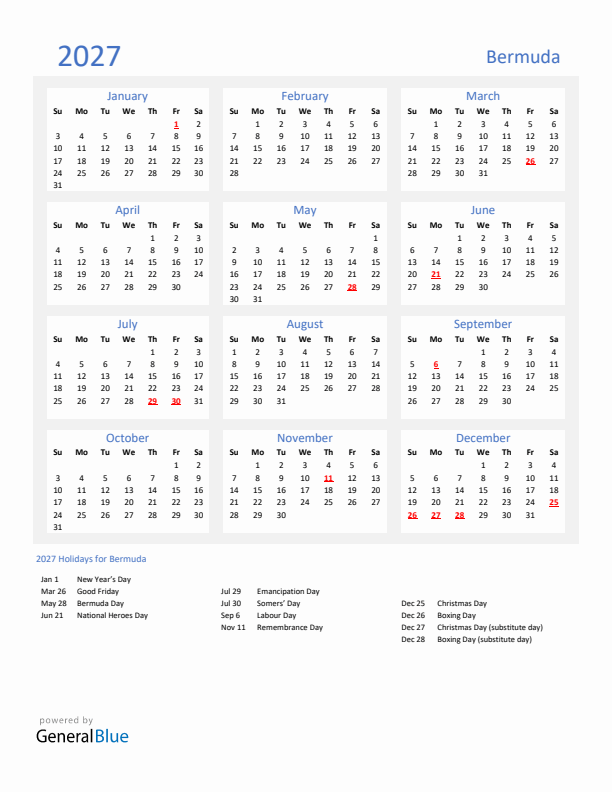 Basic Yearly Calendar with Holidays in Bermuda for 2027