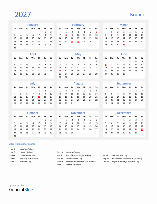 Basic Yearly Calendar with Holidays in Brunei for 2027
