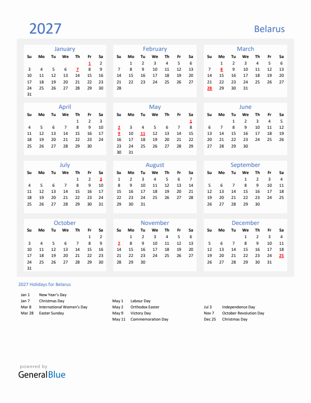 Basic Yearly Calendar with Holidays in Belarus for 2027