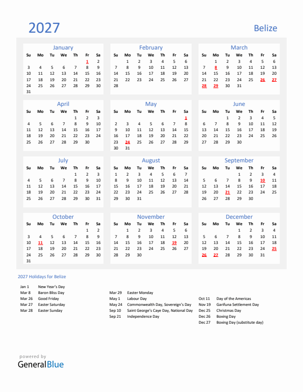 Basic Yearly Calendar with Holidays in Belize for 2027