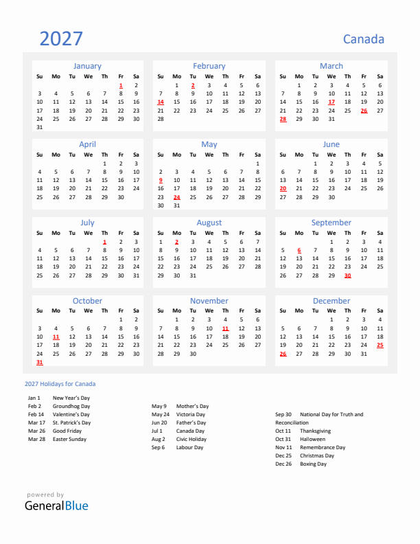 Basic Yearly Calendar with Holidays in Canada for 2027