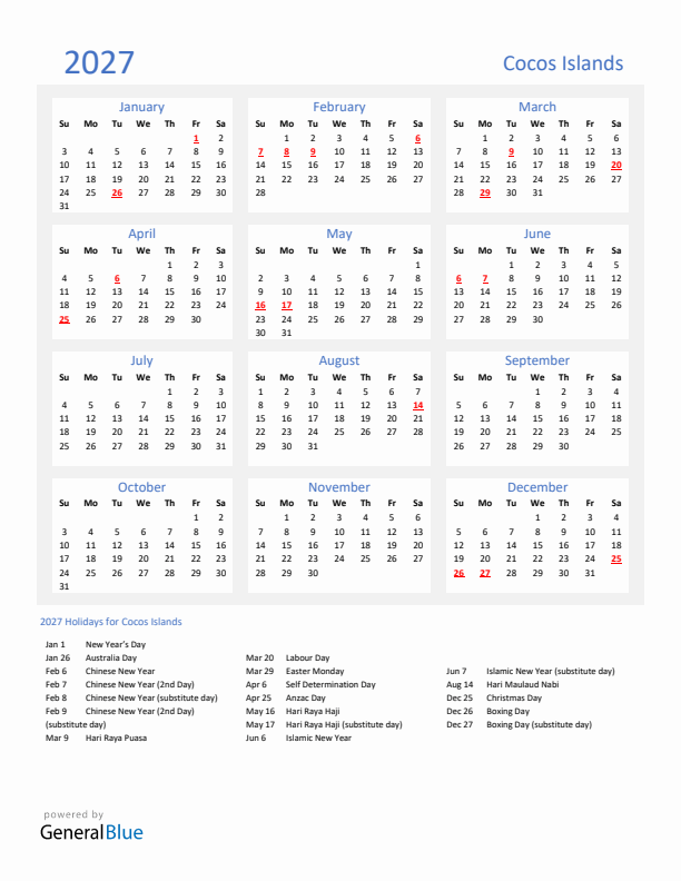 Basic Yearly Calendar with Holidays in Cocos Islands for 2027