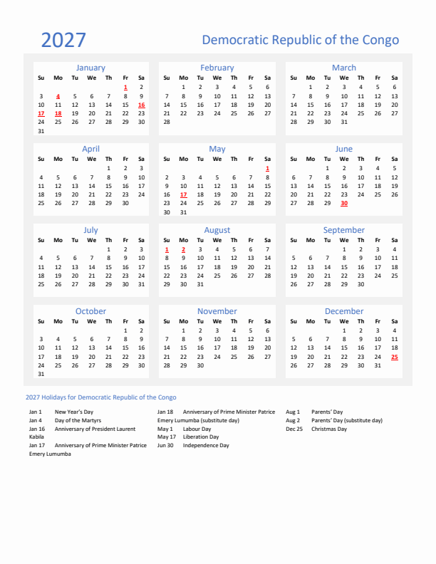 Basic Yearly Calendar with Holidays in Democratic Republic of the Congo for 2027 