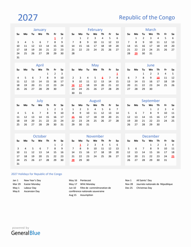 Basic Yearly Calendar with Holidays in Republic of the Congo for 2027 