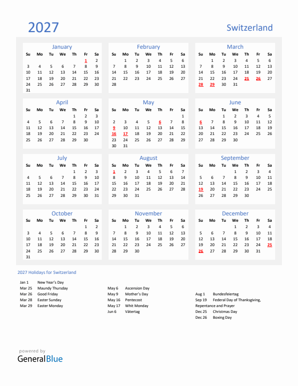 Basic Yearly Calendar with Holidays in Switzerland for 2027