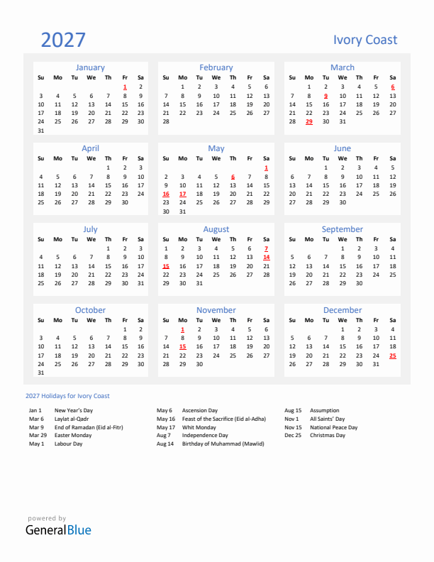 Basic Yearly Calendar with Holidays in Ivory Coast for 2027 