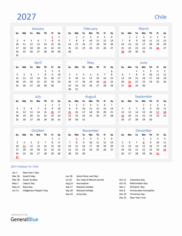 Basic Yearly Calendar with Holidays in Chile for 2027