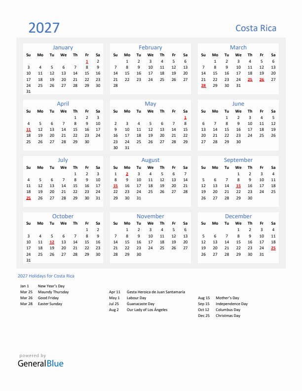 Basic Yearly Calendar with Holidays in Costa Rica for 2027