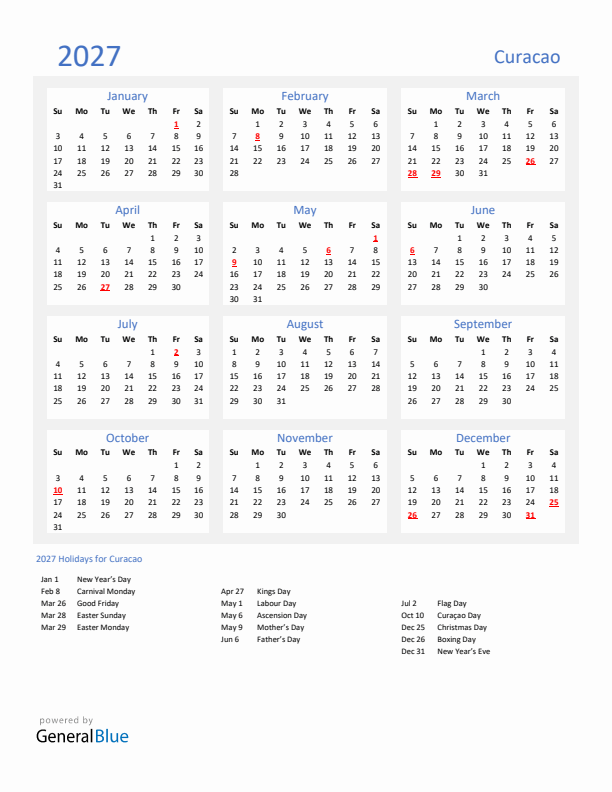 Basic Yearly Calendar with Holidays in Curacao for 2027