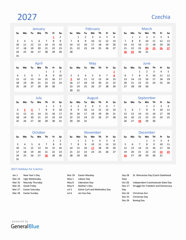 Basic Yearly Calendar with Holidays in Czechia for 2027 