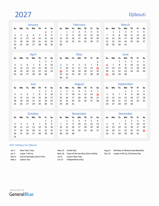 Basic Yearly Calendar with Holidays in Djibouti for 2027 