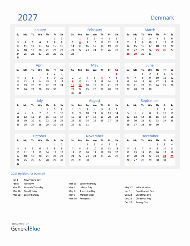 Basic Yearly Calendar with Holidays in Denmark for 2027