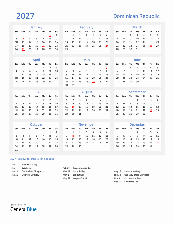 Basic Yearly Calendar with Holidays in Dominican Republic for 2027