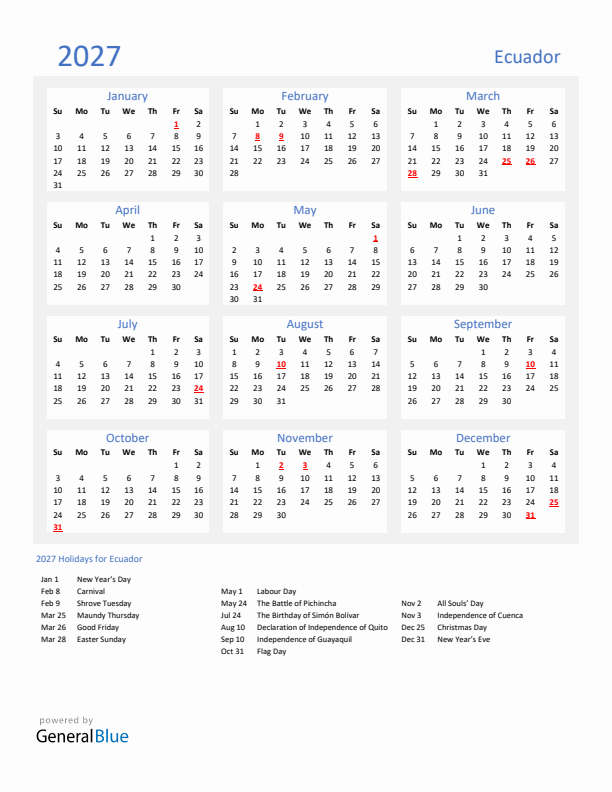 Basic Yearly Calendar with Holidays in Ecuador for 2027