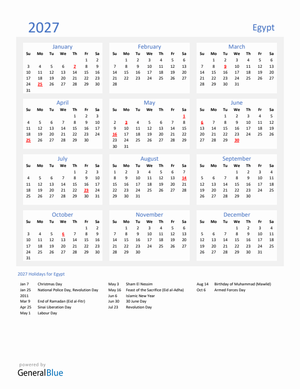 Basic Yearly Calendar with Holidays in Egypt for 2027 