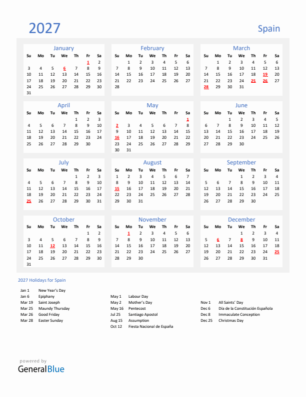 Basic Yearly Calendar with Holidays in Spain for 2027