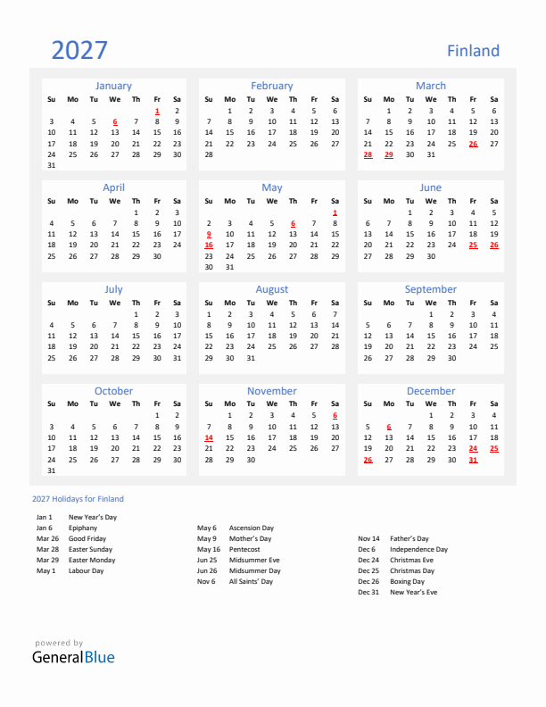 Basic Yearly Calendar with Holidays in Finland for 2027