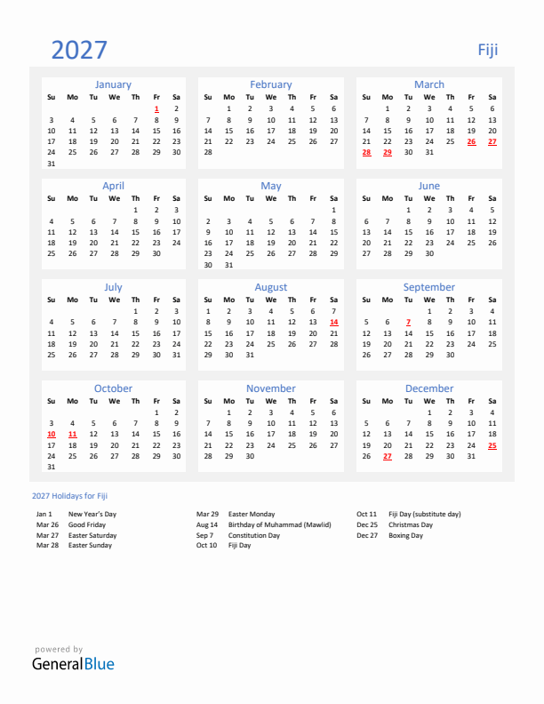 Basic Yearly Calendar with Holidays in Fiji for 2027 