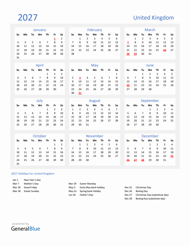 2027 United Kingdom Calendar With Holidays