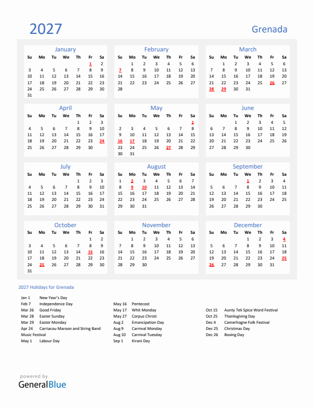Basic Yearly Calendar with Holidays in Grenada for 2027