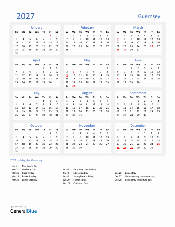 Basic Yearly Calendar with Holidays in Guernsey for 2027
