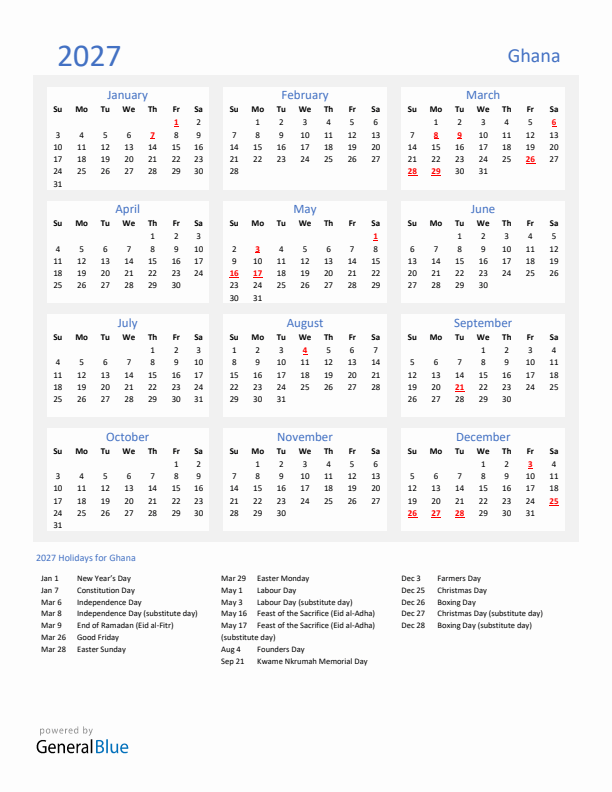 Basic Yearly Calendar with Holidays in Ghana for 2027 
