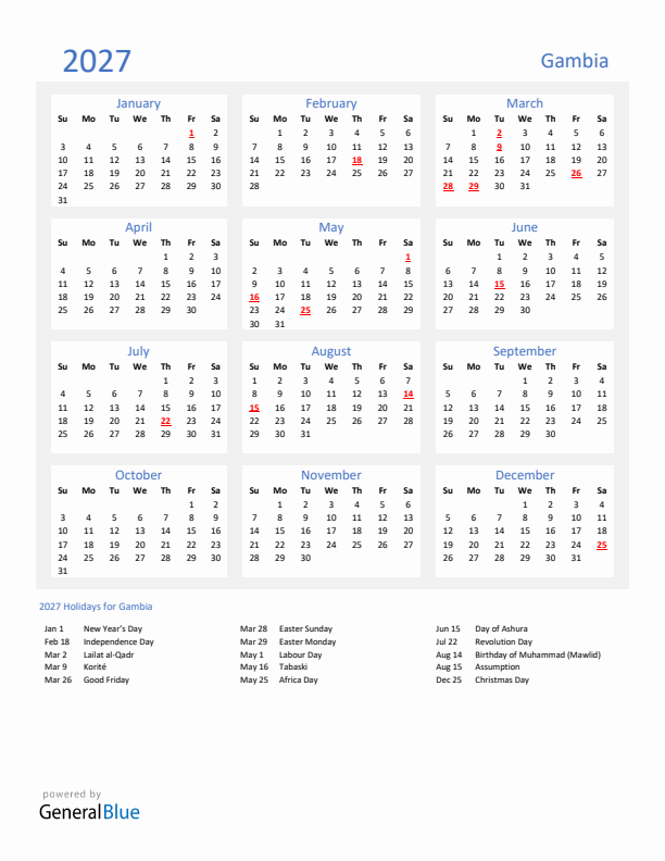 Basic Yearly Calendar with Holidays in Gambia for 2027 