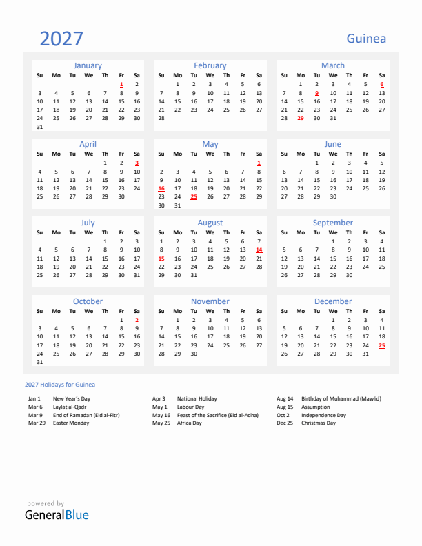 Basic Yearly Calendar with Holidays in Guinea for 2027 
