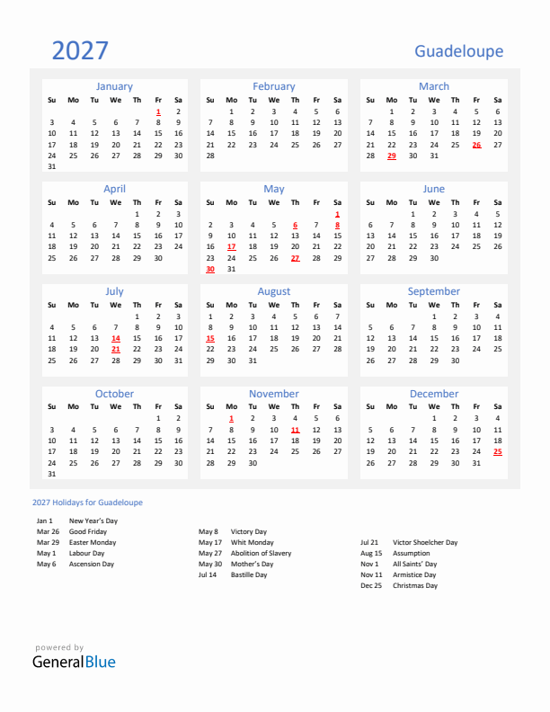 Basic Yearly Calendar with Holidays in Guadeloupe for 2027