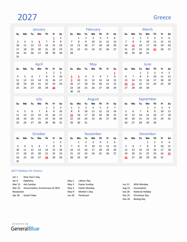Basic Yearly Calendar with Holidays in Greece for 2027