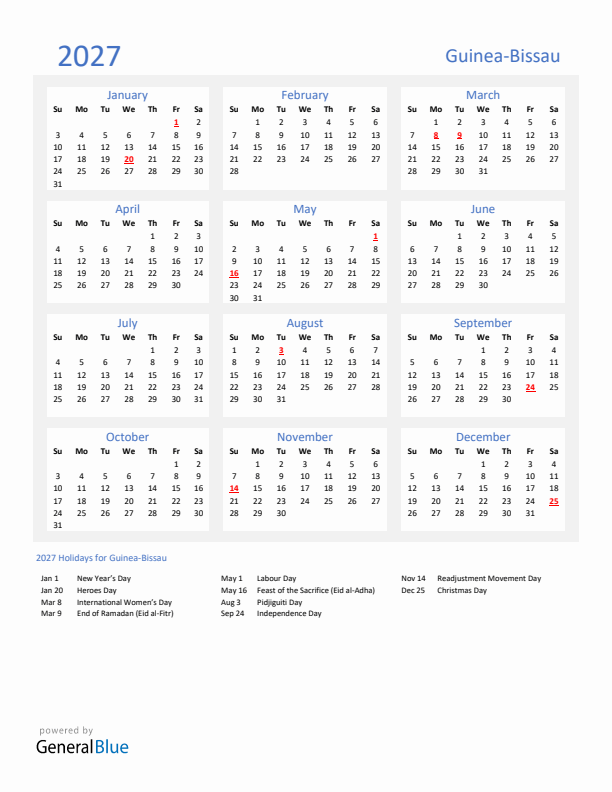 Basic Yearly Calendar with Holidays in Guinea-Bissau for 2027 
