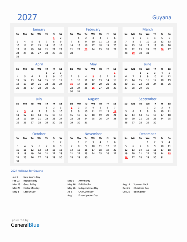 Basic Yearly Calendar with Holidays in Guyana for 2027