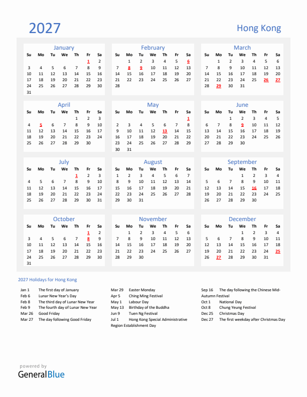 Basic Yearly Calendar with Holidays in Hong Kong for 2027 