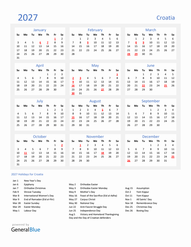 Basic Yearly Calendar with Holidays in Croatia for 2027