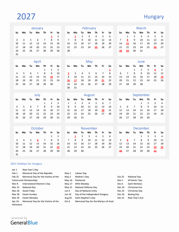 Basic Yearly Calendar with Holidays in Hungary for 2027
