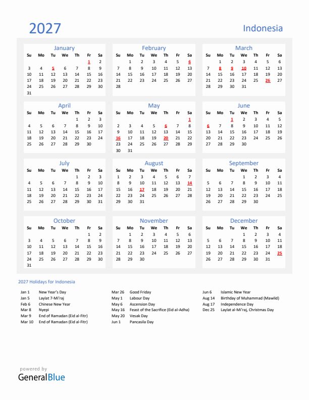 Basic Yearly Calendar with Holidays in Indonesia for 2027 