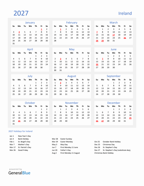 Basic Yearly Calendar with Holidays in Ireland for 2027