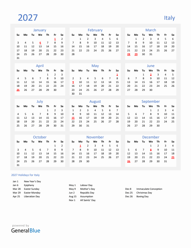 Basic Yearly Calendar with Holidays in Italy for 2027