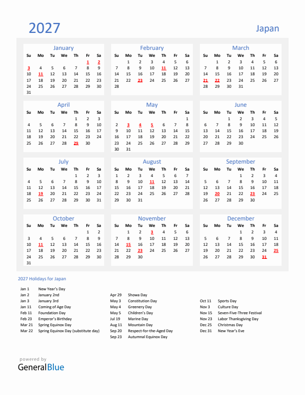 Basic Yearly Calendar with Holidays in Japan for 2027