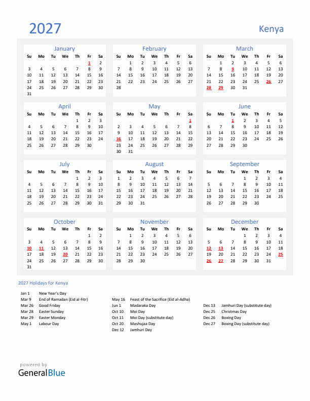 Basic Yearly Calendar with Holidays in Kenya for 2027