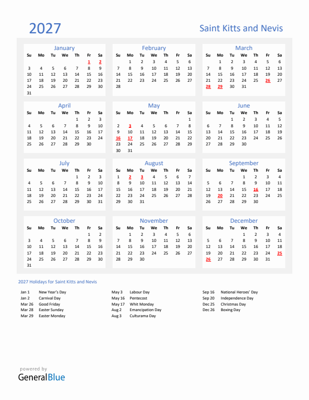 Basic Yearly Calendar with Holidays in Saint Kitts and Nevis for 2027 