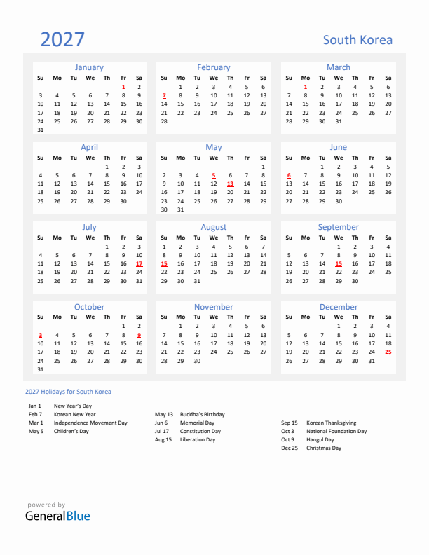 Basic Yearly Calendar with Holidays in South Korea for 2027