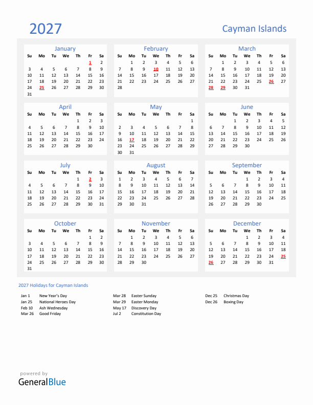Basic Yearly Calendar with Holidays in Cayman Islands for 2027 