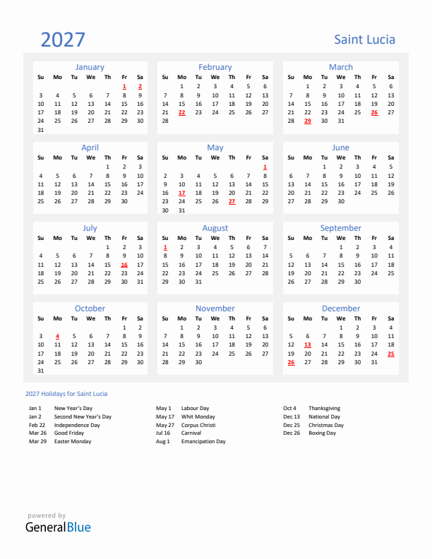 Basic Yearly Calendar with Holidays in Saint Lucia for 2027 