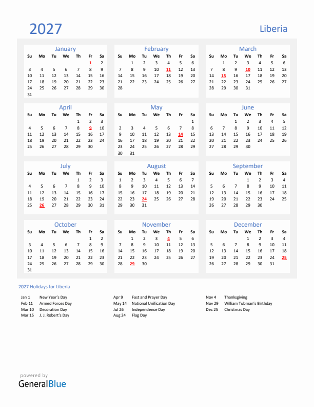 Basic Yearly Calendar with Holidays in Liberia for 2027 